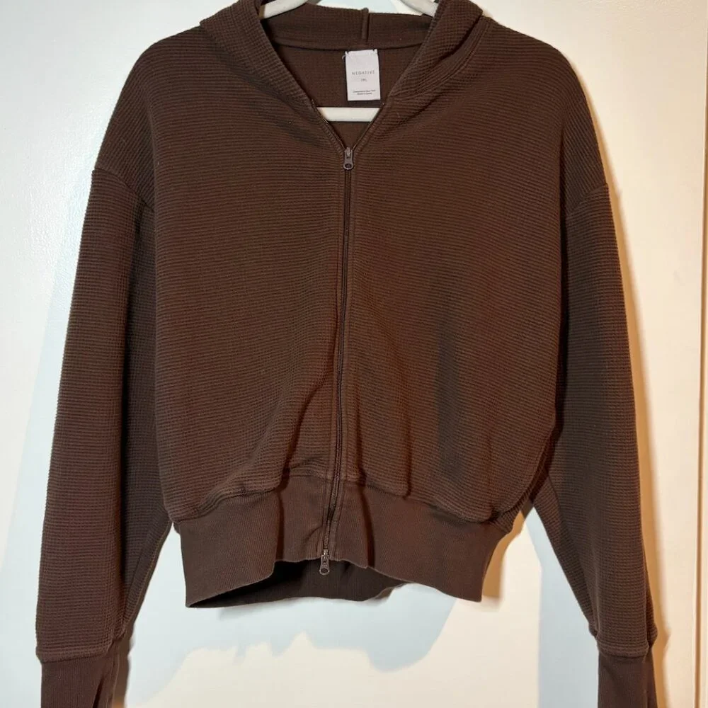 Negative Underwear Waffle Knit Zip-Up Hoodie M Brown - Picture 6 of 10